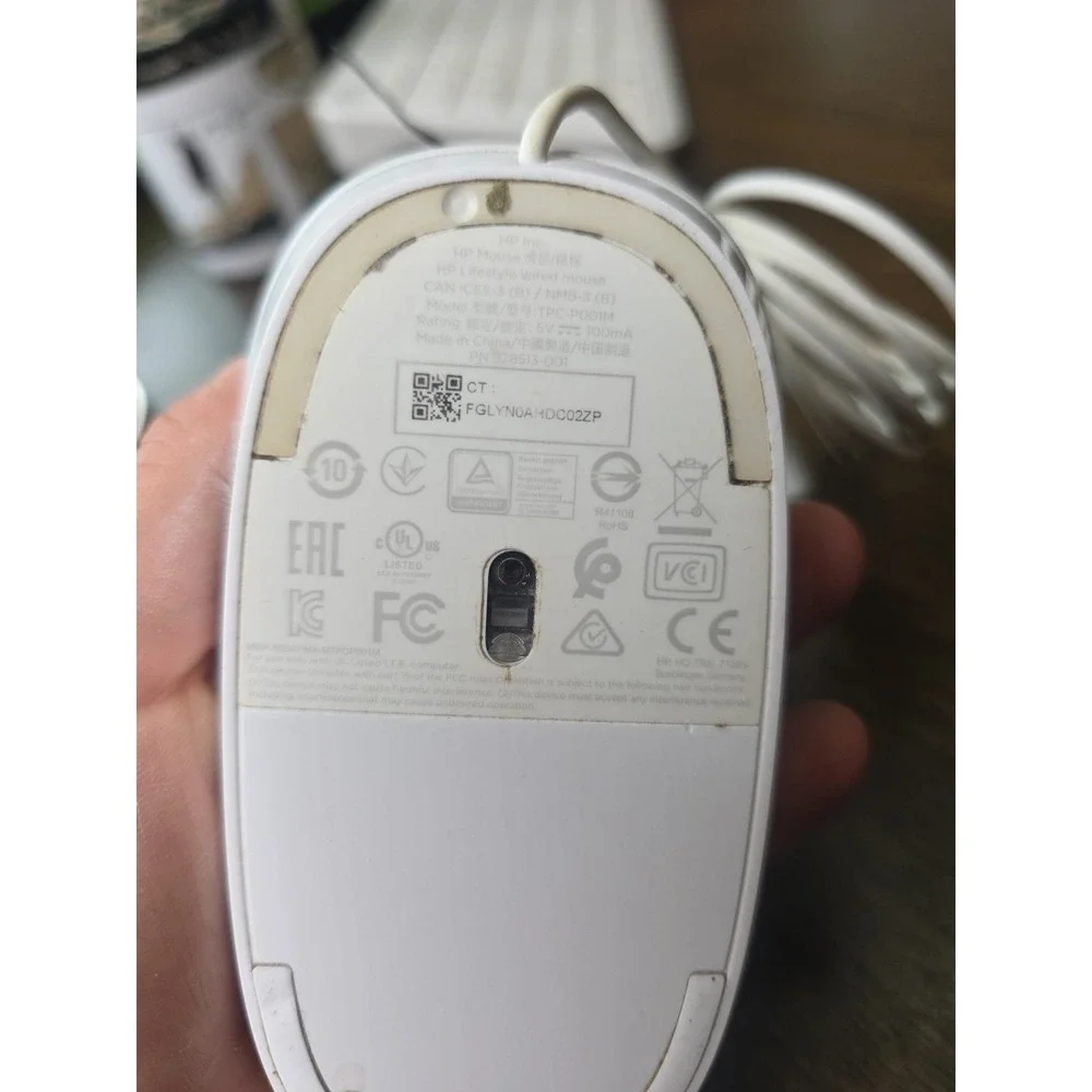 HP‎ White Lifestyle White Wired USB Optical Mouse MODEL TPC-P001M 2 Button F3